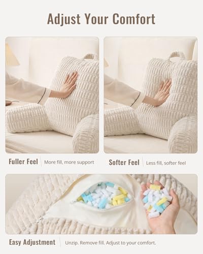 Blissful Diary Reading Pillow, Backrest Pillow with Shredded Memory Foam for Adult & Children, Designed for Bed and Couch Sitting Up, Includes Arms, Pockets and Washable Cover, Off White - color: Textured Off White, size: Standard(18inch)