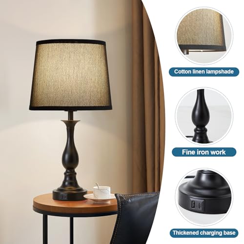 Bedside Table Lamp Touch Control Bedroom Lamps with USB A + C Charging Port 3 Way Dimmable Touch Lamps for Nightstand Living Room Bedroom Dorm Home Office Reading, Set of 2 (Black Shade & Black Base) - color: Black Shade & Black Base