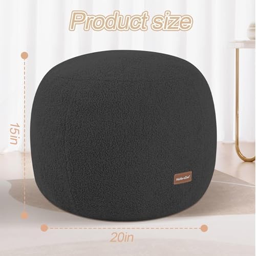 MeMoreCool Round Pouf Ottoman – 20x20x15 Inch Stuffed Footrest with Foam Filling, Dark Grey Small Circle Footstool for Living Room | Soft Teddy Fleece Cover | Washable Compact Floor Pouf - color: Teddy Dark Grey