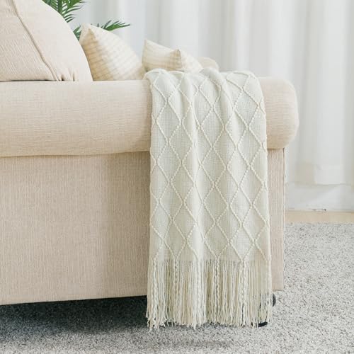 BOURINA Beige Throw Blanket 50 x90 Inches Throw Textured Solid Soft Sofa Throw Bed Runner Couch Cover Knitted Decorative Blanket Bed Runner - color: Beige, size: 50"x90"