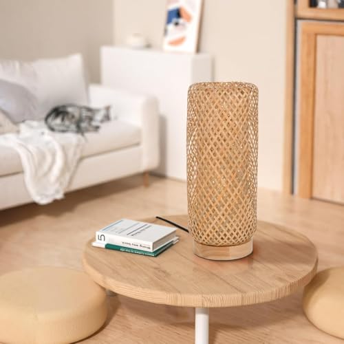 Behemian Bamboo Table Lamp, Dimmable Rustic Farmhouse Hand Wicker Desk Lamp Bedside Lamps Night Light Decorations for Bedroom, Living Room, Home Office, Nursery, Reading Nook (Bulb Included)