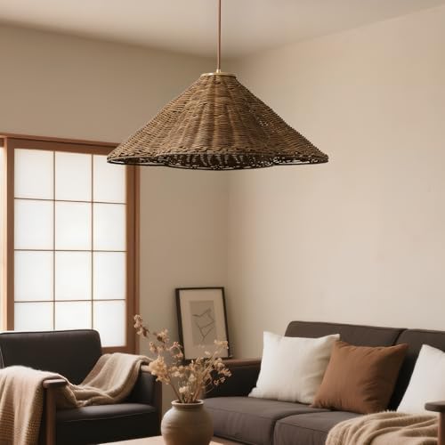 19” Rattan Chandelier Light Fixture, Boho Chandeliers Hand Woven Wicker Pendant Light, Vintage Chandelier for Dining Room, Rustic Hanging Lighting for Kitchen Island, Foyer - size: 19 inch