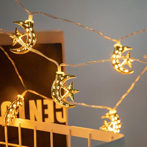 Vigdur Ramadan String Lights - 20 LEDs Eid Mubark Moon Star Fairy Lights Battery Operated with Timer, Ramanda Decoration Light for Eid Al Adha Ramadan Home Decor, 10FT - color: Moon Lights
