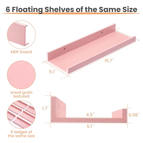 upsimples Pink Shelves for Wall, Pink Room Decor for Teen Girls, Bedroom, Living Room, Game Room, 6 Pack Wall Mounted Wood Shelves for Picture, Plants - color: Pink, size: 15.7in