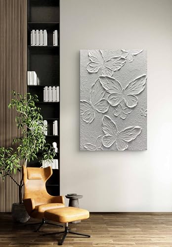 Boiee Art,30x45Inch Handmade Textured Acrylic Canvas Wall Art Creamy White Butterfly Paintings Abstract Decorative Artwork Stretched and Framed Ready to Hang for Wall - color: Pure White, size: 30"L x 45"W