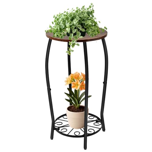 Plant Stand Indoor Outdoor, 2-Tier Tall Wood & Iron Plant Stand, 4-Leg Corner Flower Stand, Heavy Duty Floor Plant Shelf Plant Rack for Patio Living Room Balcony Home Decor
