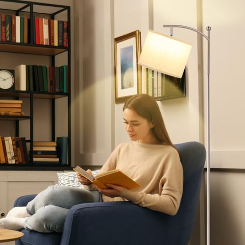 Ambimall 60" Floor Lamp for Living Room with 3 Color Temperatures, Adjustable Beige Shade with Light Gold Pole, Tall Lamp for Bedroom Office Classroom Dorm Room, 9W Bulb Included - color: Beige & Light Gold