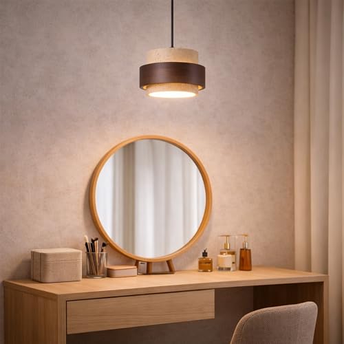Natural Travertine Pendant Light, Modern Wabi-Sabi Hanging Lamp with Wood Accent, Minimalist Stone Ceiling Light Fixture for Kitchen Island, Dining Room, Cafe, Warm White LED Compatible