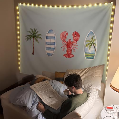SkyCozy Blue Surf Coastal Beach Wall Tapestry,Surf Board Room Decor, Summer Coastal Preppy Trendy Retro East Coast Coquette Surfboard Crawfish Tapestry Decor for Girls Room College, 50x60 Inch - color: 01- Surf Coastal Tapestry(Blue)