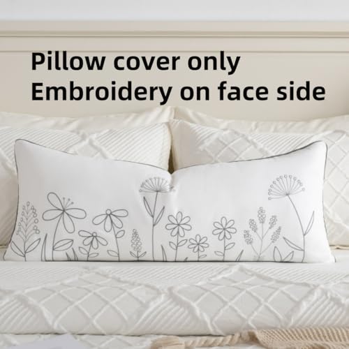 Sunkifover Floral Throw Pillow Cover 14x36 Inch Cotton Embroidery Rectangular Cushion Cover, White and Grey Lumbar Decorative Farmhouse Pillowcase for Bed, Living Room, and Bedroom - color: Wild Flowers, size: 36" x 14"