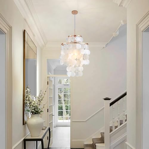 Mini Chandelier Capiz Shell Dinning Room Chandeliers 11" Ceiling Light Polished Gold Finish Flush Mount Mordern Pendant Light for Kitchen,Living Room,Bathroom,Bedroom,Dimmable Led Bulb Included - size: 11 inch mini