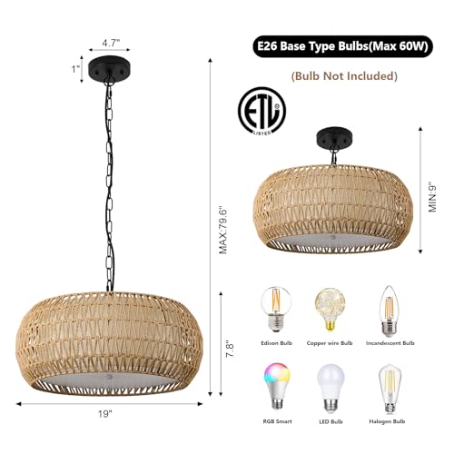 19 Inch Boho Chandeliers for Dining Room 5-Lights Farmhouse Light Fixtures Large Pendant Light Hand Woven Dining Table Light Fixture Rattan Hanging Lamp for Kitchen Island - size: 19 Inch