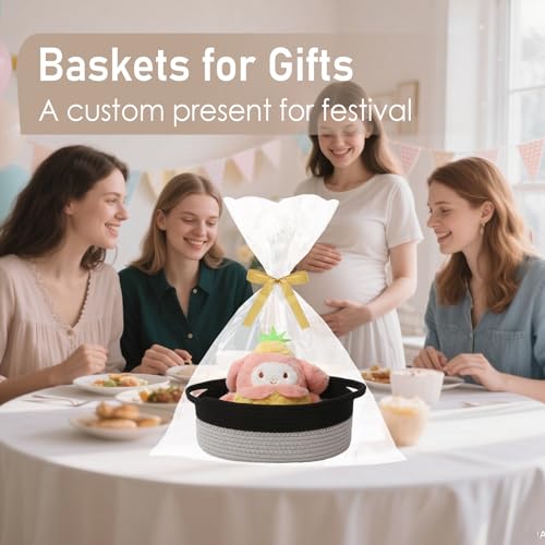 JMvicyroam Woven Basket,Small Rope Storage Bin with Handles & Ribbon Bag, Organizer for Shelves Closets,Gift Basket Empty for Birthday,Books,Dog Toys, Black&Grey/3 Pack - color: Black&Grey, size: 3 Pack