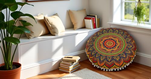 Round Mandala Floor Pillow Cover Seating Cushion Throw Cover Ottoman Pouf Cover Pom Pom Pillow Cases Hippie Decorative Bohemian Boho Indian 22 Inches (New Blue) - color: New Blue