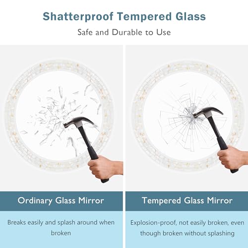 26 Inch Round Wall Mirror with Natural Shell Inlay Mosaic Frame, 3MM Tempered Glass Vanity Mirror, Pre-installed 2 D-Ring Hangers, Easy Install Decorative Circle Mirror for Bathroom Bedroom Entryway - color: White, size: 26"L x 26"W