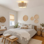 18” Boho Ceiling Light 3-Light Semi Flush Mount Ceiling Light Fixture with Woven Raffia Shade, Boho Light Fixture for Bedroom Kitchen Hallway Entryway - color: Brown