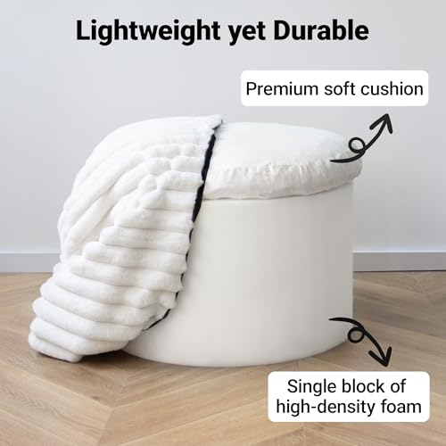 Round Stuffed Pouf Ottoman, Stripe Faux Fur Footrest, Solid Block Support+Soft Cushion Comfort, Removable Washable Cover, 20" Floor Pouf for Living Room Bedroom Dorm Vanity, Cream Beige - color: Cream White