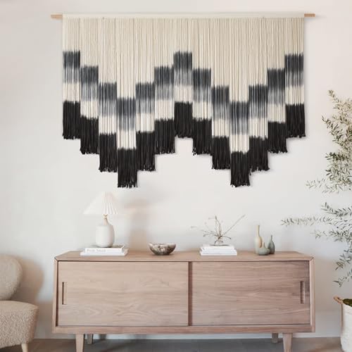 Flber Macrame Wall Hanging 57" W x 35" L Tie-Dye Geometric Decor Large Scale Wall Art Boho Yarn Tapestry Home Wall Décor - color: Black & Grey