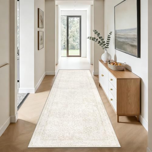 2x8 Hallway Runner Rug: Washable Vintage Floral Entryway Rugs Low Pile Non-Slip Boho Carpet for Kitchen, Bedroom, Bathroom, Dining Room (FloralBeige, 2'x8') - color: Floral Beige, size: 2' x 8' (Rectangular)