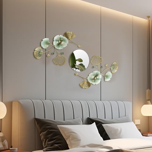 Tandefio 3 Pcs Metal Decorative Wall Mirrors for Living Room Metal Ginkgo Leaf Mirror Modern Creative Wall Decor Art Hanging Decor Mirror for Entrance Bedroom Living Room (Gold Green,16.inches) - color: Gold Green