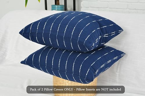 Modern Cotton Pillow Covers 18 x18 inches Navy Blue/Woven Loom Stripe Pattern Contemporary Luxury Cushion Covers/Simple Throw Pillow Cases for Living Room Sofa, Couch, Bed, Set of 2 - color: Blue, size: 18" x 18" (Pack of 2)