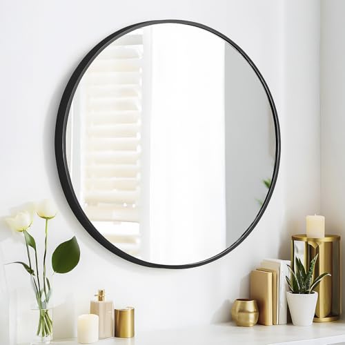 SCWF-GZ 24" Round Mirror Circle Wall Mounted Hanging or Against Wall Aluminum Alloy Metal Frame Dressing Make-up Mirrors for Entryway Bedroom Bathroom Living Room 24 inch Black - color: Black, size: 24"L x 24"W