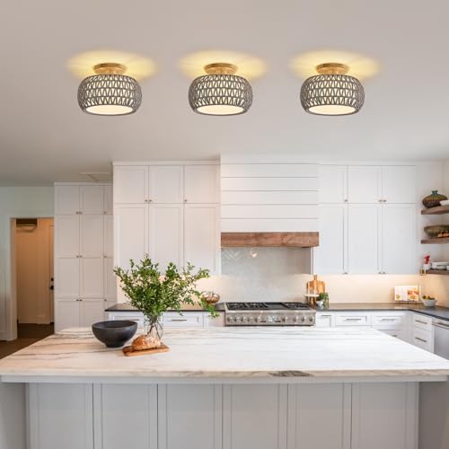 Boho Rattan Ceiling Light Fixture - 3 Style Options Wicker Semi Flush Mount Ceiling Lights,Grey Coastal Light Fixtures,Bohemian Woven Basket Chandelier for Hallway Bedroom Nursery Kitchen Laundry - color: Gray