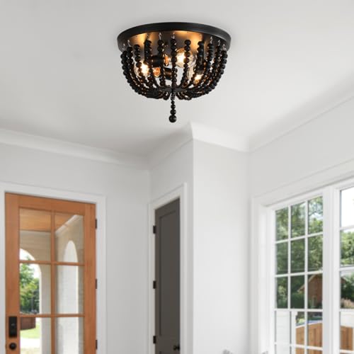 Black 14.1 inch Boho Chandelier,3-Light Wood Beaded Chandelier Light Fixture Bohemia Draped Bead Chandelier, Flush Mount Ceiling Light Fixture for Dinning Room Bedroom Hallway - color: Black 14.1"