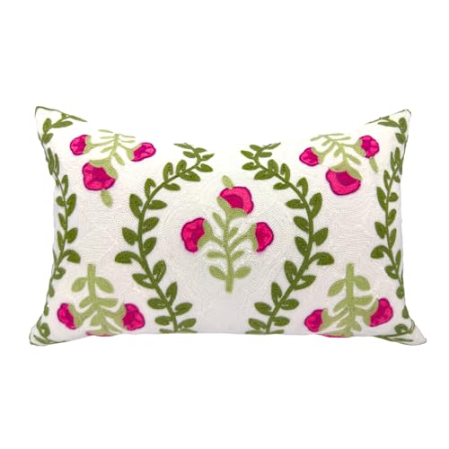 Alysheer Flower Embroidered Summer Decorative Lumbar Throw Pillow Cover 12"x 20", Farmhouse Cottage Hot Pink Floral Green Leaves Patterned Cotton Canvas Cushion Case for Sofa Couch Bed Living Room - color: Hot Pink, size: 20" x 12" (Pack of 1)