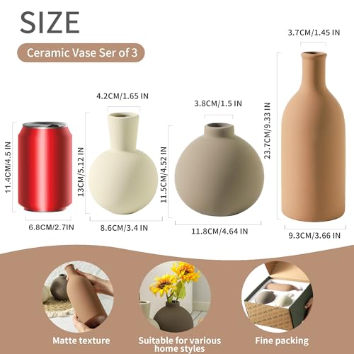 Vase Set of 3 | Ceramic Neutral Vases Home Decor | Rustic Flower Pottery Vases Modern Farmhouse Vase for Table Entryway Mantel Centerpiece Bookshelf Living Room Bathroom Bedroom -Brown Large - color: 001-brown-larger
