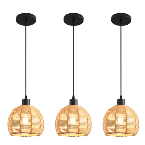 Woven Pendant Light Boho Chandelier, Rattan Pendant Lights Kitchen Island, Farmhouse Pendant Lighting with Hand Woven Wicker Shade, Boho Chandelier Light Fixtures Ceiling Hanging Light - color: 7.87" Rattan 3 Pack