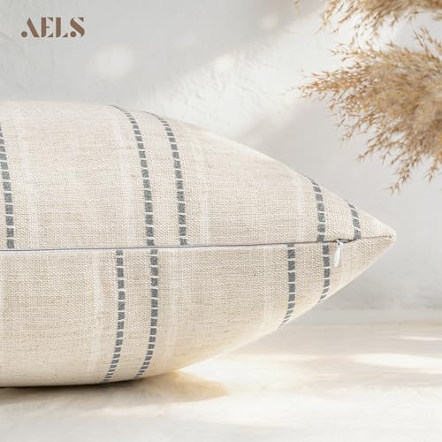 AELS 20x20 Decorative Farmhouse Linen Blend Throw Pillow Covers, Boho Textured Pillow Case, Set of 2, Beige with White & Gray Stitch Yarn Dyed Stripe Cushion Cover for Sofa Living Room (Cover ONLY) - color: Beige With White & Gray, size: 20" x 20" (Pack o