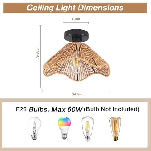 Surpars House Boho Rattan Ceiling Light Fixture, Mini Rattan Chandelier Lighting Fixture, Hand Woven Ceiling Light Fixtures for Hallway Bedroom Kitchen Entryway Living Room (Light Brown) - color: Light Brown