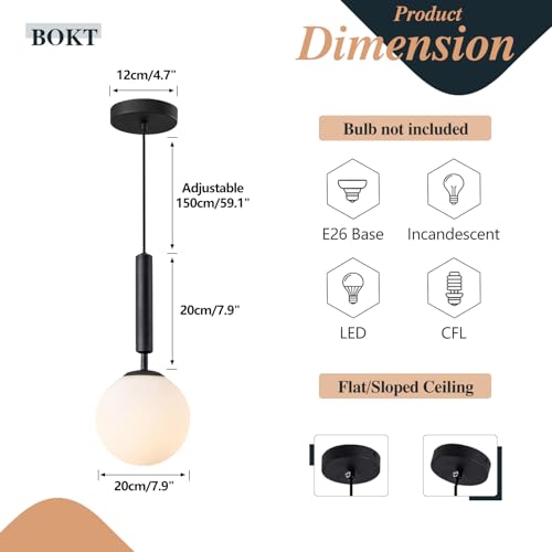 BOKT Mid Century Black Globe Pendant Lights Kitchen Island Industrial Vintage Single Milky White Opal Glass Pendant Light Modern Adjustable Ball Hanging Light Fixtures for Living Room (Black) - color: Black
