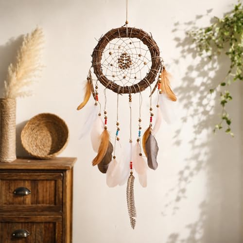 Rattan Dream Catchers with Peacock Feather, Boho Wall Decor Rustic Wooden Native American Wall Art for Bedroom Living Room (Pink Brown Mix) - color: Pink Brown Mix