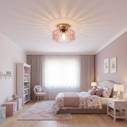 Pink Ribbed Glass Flush Mount Ceiling Light, 8.66" Modern Gold 1-Light Semi-Flush Mount Light Fixture, Mid-Century Round Ceiling Lamp for Bedroom Bathroom Hallway Entryway - color: Small, 8.66" Pink