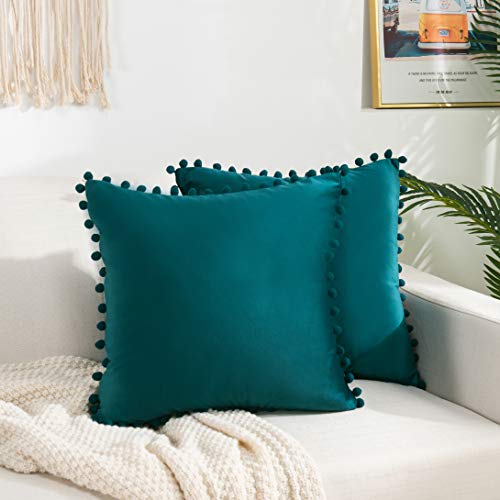 Elegant Comfort POM-POMS Fringe Velvet Cushion Covers Set of 2, Velvet Soft Solid Decorative Square Throw Pillow Covers Set Cushion Case for Couch Bed, Livingroom 18 x 18 Inch (45 x 45 cm), Teal - color: Teal, size: 18" x 18" (Pack of 2)