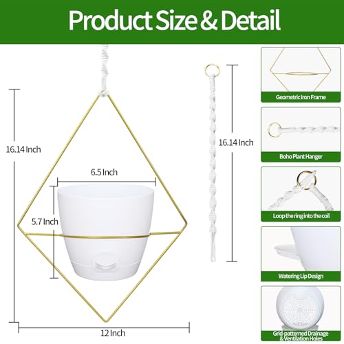 Hanging Planters for Indoor Plants, 2 Set Self Watering Hanging Flower Pots, Modern Hanging Plant Baskets with Metal Plant Holder & 6.5 Inch Plastic Pots for Garden Home Decor (Gold Frame White Pot) - color: Gold Frame White Pot