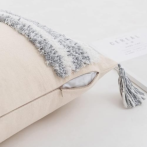 Boho Tufted Throw Pillow with Tassels, Country Thick Striped Style Soft Cushion Cover Decor wuth Zipper for Chair Bed Couch Living Room (Grey,12" x 20") - color: Grey, size: 12" x 20"
