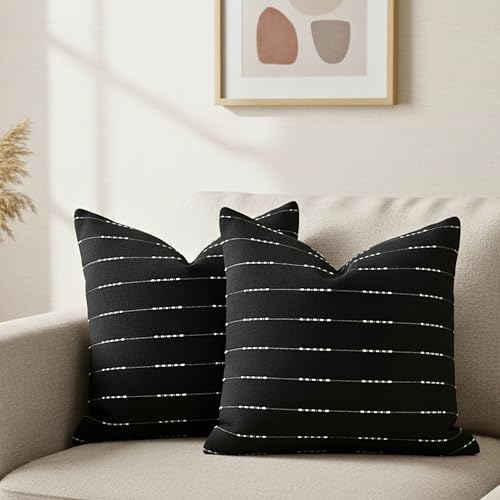 Black and White Pillow Covers 18x18 Modern Style Cotton Woven Striped Geometric Pattern Contemporary Cushion Covers Simple Throw Pillow Cases for Living Room Sofa Couch Bed Set of 2 - color: Black, size: 18" x 18" (Pack of 2)