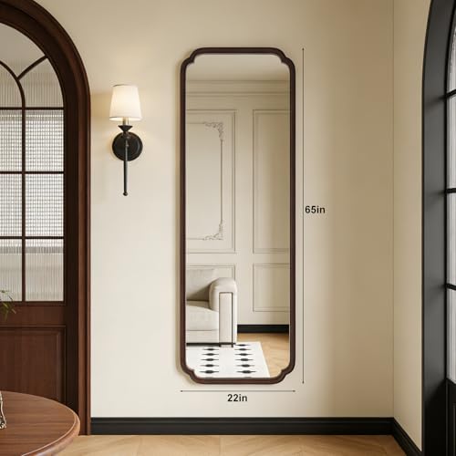 HOMECOOKIN Full Length Mirror Wall Mounted, Rustic Wooden Frame Floor Mirror, Rounded Corner Large Full Body Mirror for Bedroom,Dressing Room， Leaning or Hanging Against Wall (Walnut, 22" L x 65" W) - color: Walnut, size: 65"L x 22"W