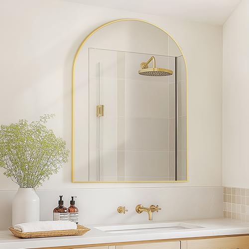 Arched Bathroom Mirror for Wall, 36" x 24" Gold Metal Frame Vanity Mirror, HD Glass Over Sink for Bathroom, Entryway, Bedroom - color: Gold, size: 36"L x 24"W
