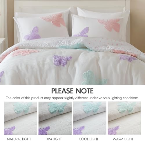 Intelligent Design Kids Rio Full/Queen Duvet Set – Girls’ Reversible Tufted Chenille Bedding with Pastel Purple Butterflies and Pink Dot, 3pcs - color: Multicolor, size: Full/ Queen