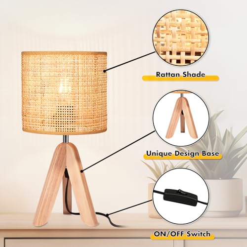 Hamilyeah Tripod Lamps for Night Stands Set of 2, Boho Bedside Lamps with Wicker Shade, Woven Table Lamps for Living Room with On/Off Switch, Wood Desk Lamps for Bedroom - color: Wood Wicker 2 PACK
