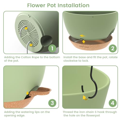 3 Pack 10 Hanging Flower Pots with Chains Self Watering Plastic Planters for Indoor Outdoor Plants, Sturdy Triangular Iron Chain Design for Garden PorchPlastic hanging flower pots (3, Green Brown) - color: Green Brown