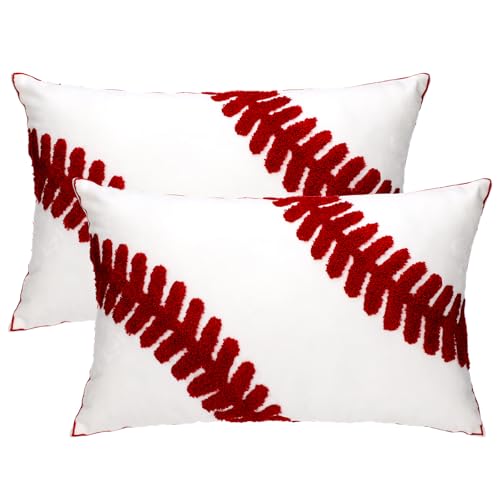 2 Pcs Baseball Velvet Pillow Covers 12 x 20 Inch 3D Tufted Embroidery Sports Theme White and Red Baseball Decorative Throw Cushion Case for Bedroom Sofa Living Room Couch Chair Home Decor - style: Baseball