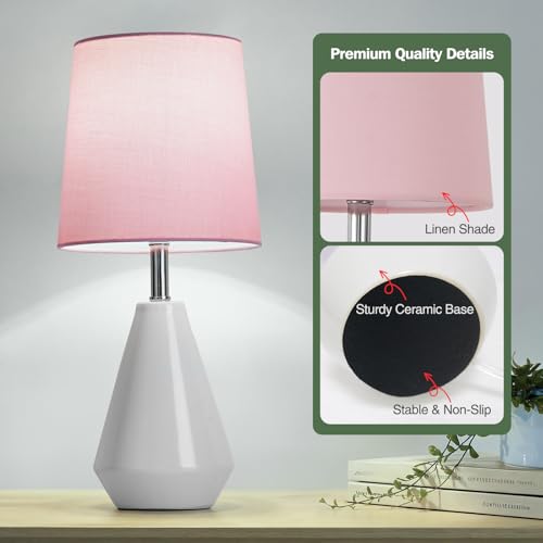 Small Bedside Table Lamp for Bedroom - Reading Desk Lamp with 3 Color Temperatures，15.5" Nightstand Ceramic Lamp with Fabric Shade for Kids Room,Living Room,Dorm,Home Office (White+Pink - color: White+Pink, size: 15.5"