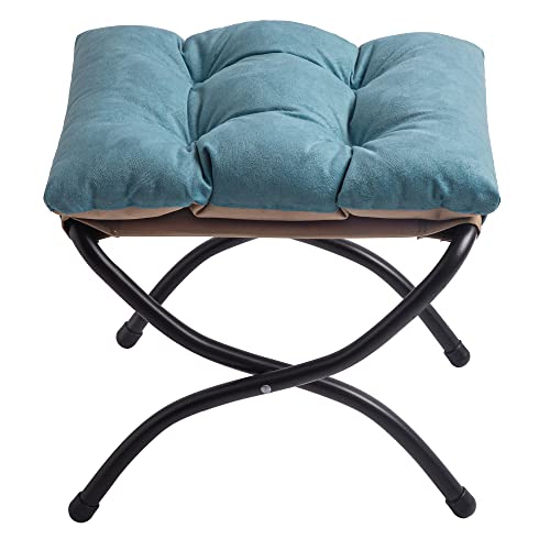 15" Foldable Foot Stool Ottoman with Metal Frame - Washable Blue Upholstered Indoor/Outdoor Footrest for Living Room, Bedroom, Patio - Space-Saving Compact Design - color: Blue