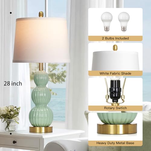 28" Sage Green Table Lamps Set of 2 for Living Room, Modern Ceramic Bedside Lamps for Bedroom, Ribbed Gourd Table Lamps for Nightstand (2 LED Bulbs Included) - color: Sage Green - 28"H