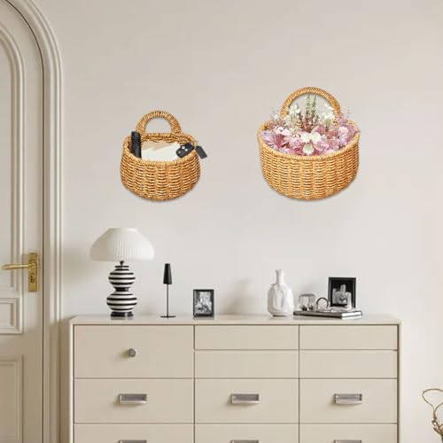 Wicker Wall Hanging Baskets,2 Pcs Handmade Rattan Hanging Wall Baskets for Plants,Flowers,Fruit,Vegetable and Magazines,Woven Wall Mount Decorative Basket for Kitchen, Living Room (Round) - color: Round